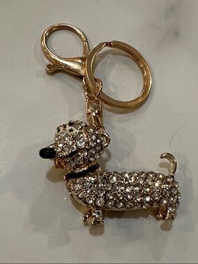 Crystal Dachshund Dog Keychain Charm - Gold Tone